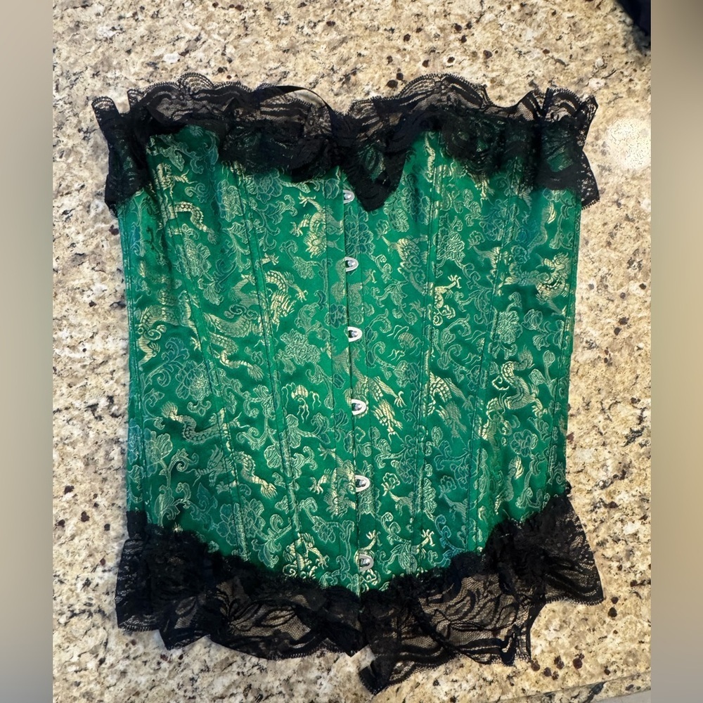 Green Corset with Black Lace Trim 30" size medium  metal clasps and lace up